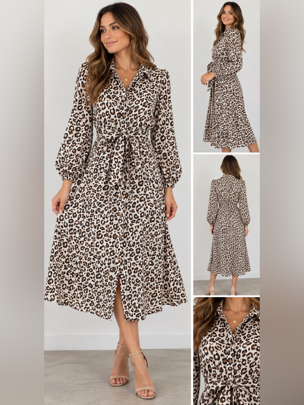 Nine West Leopard Print Button Front Midi Shirt Dress Like New Belted Small